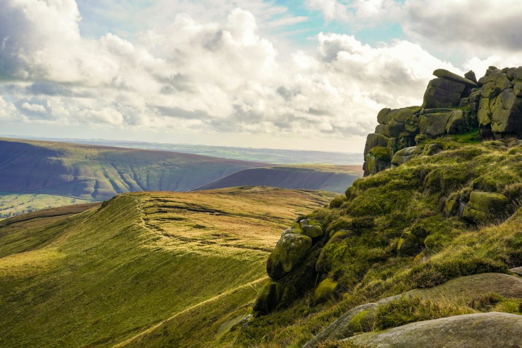 Kinder Scout: a view of a rocky outcropping in the countryside